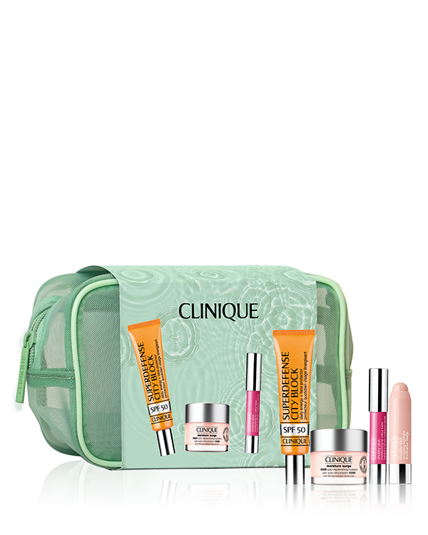 Protect, Hydrate &amp; Glow: Beauty Gift Set, Your ultimate summer glow in a bag. Clinique’s Protect, Hydrate &amp; Glow 5-piece skincare and makeup gift set features 4 full-size summer beauty essentials in an exclusive makeup bag, yours for only £55 – worth £103!