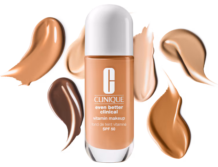Even Better Clinical Vitamin Makeup SPF 50 product image over multiple shades of texture swatches