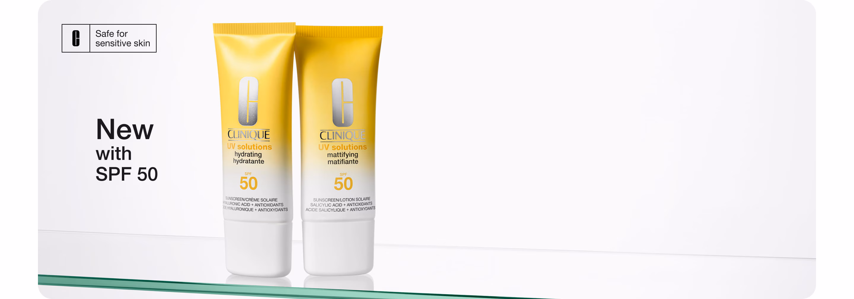 New UV Solutions sunscreen on a glass shelf in a brightly lit setting